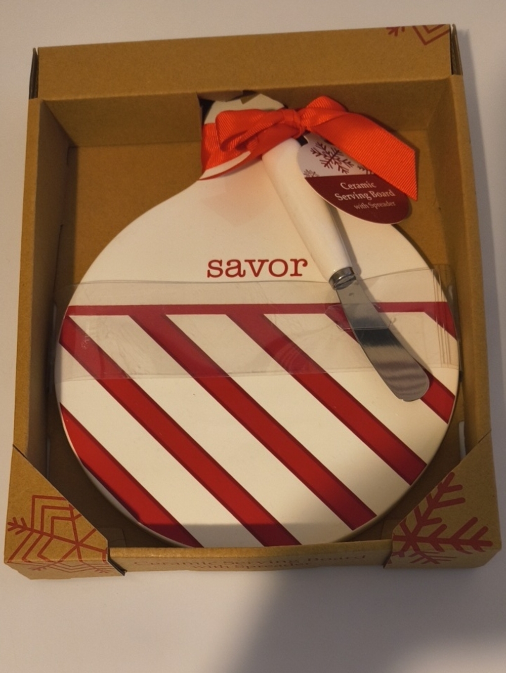 Savor Ceramic Serving Board - Red and White Holiday Stripe